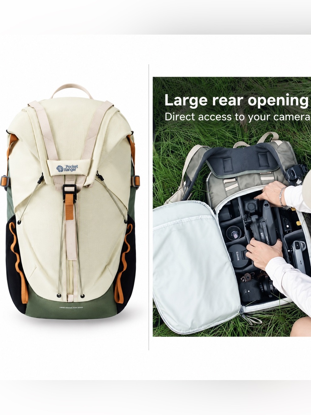 VSGO Pocket Ranger PR02 25L Camera Backpack Off White Green NWT + Insert